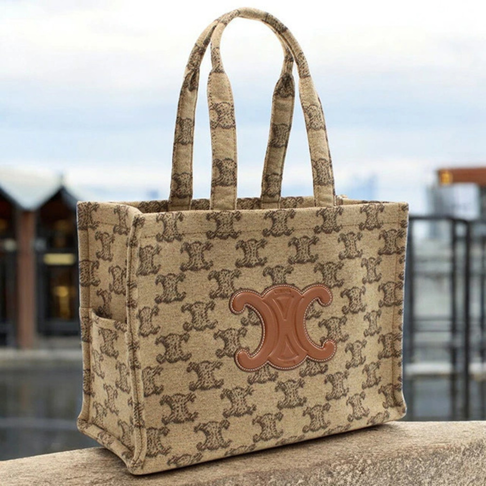 Celine Cabas Thais Tote All Over Monogram Leather Triomphe Canvas Brown